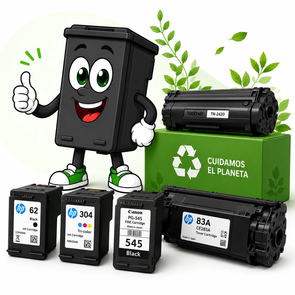 Mascota con cartuchos vacíos, tóner y caja de reciclaje