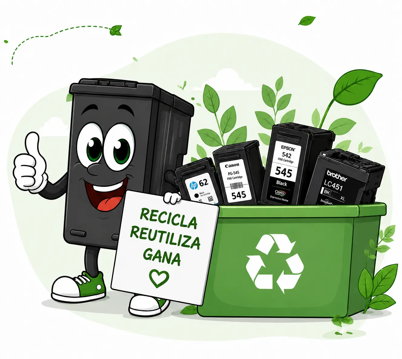 Mascota junto a contenedor de reciclaje con cartuchos recuperados